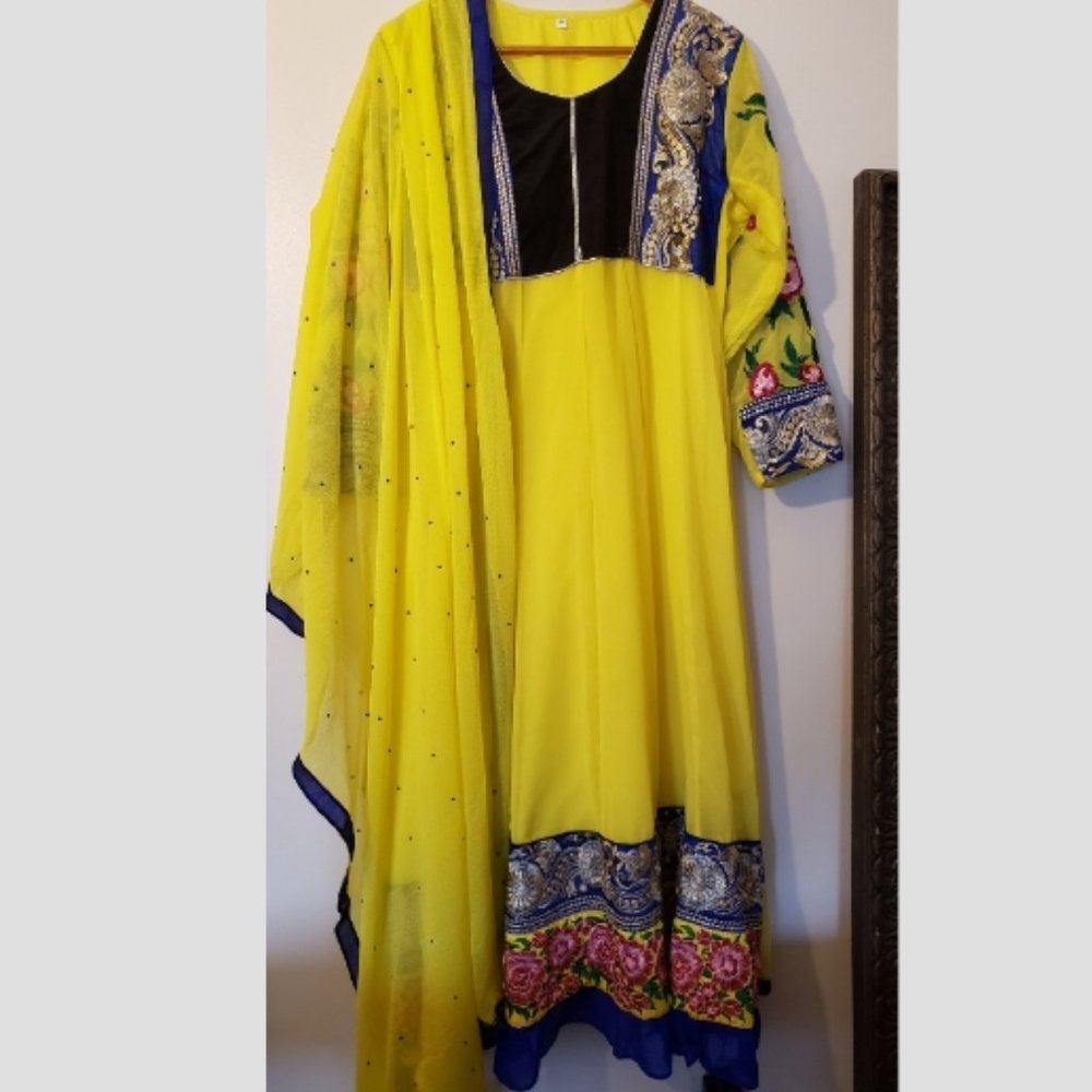 Royal Blue and Yellow Long Sleeve Anarkali Style Dress